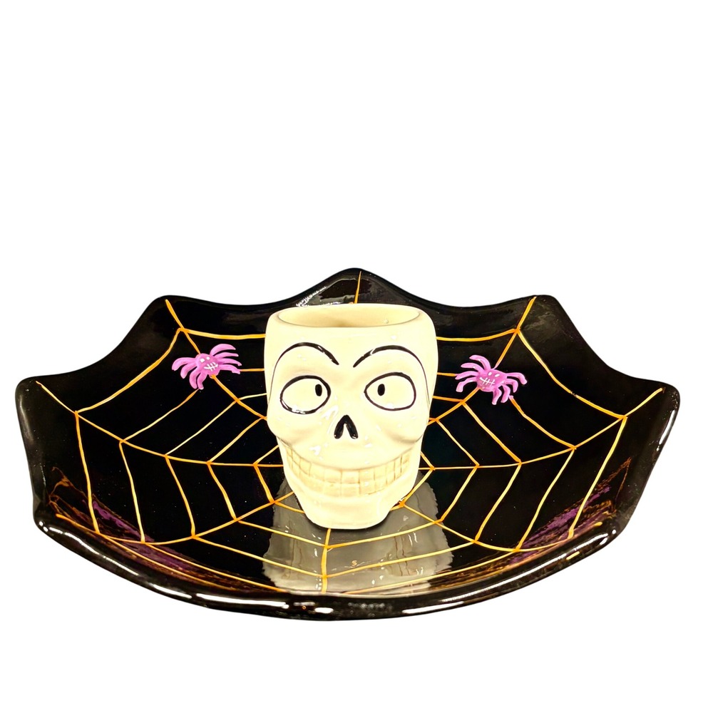 Halloween Skull Chip & Dip Bowl 11" Black w/ Orange Spiderweb Snack Dish 2005